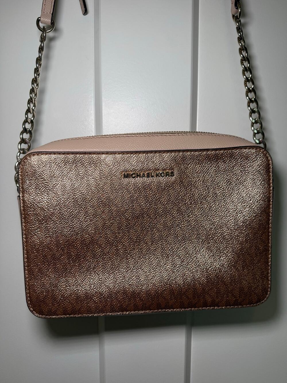 Michael Kors Rose Gold Metallic & Blush Pink Jet Set Crossbody Bag Purse